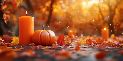 Close-up of Thanksgiving-themed decorations featuring pumpkins, candles, and scattered autumn leaves, 3D Blender style, isolated background with space for text