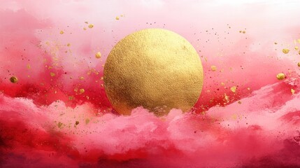 Poster - Golden Circle in a Pink and Red Abstract Watercolor Background