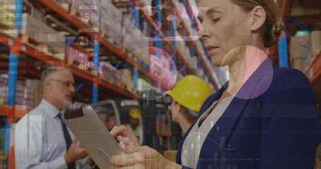 Poster - Animation of data processing and diagrams over caucasian businesswoman using tablet in warehouse