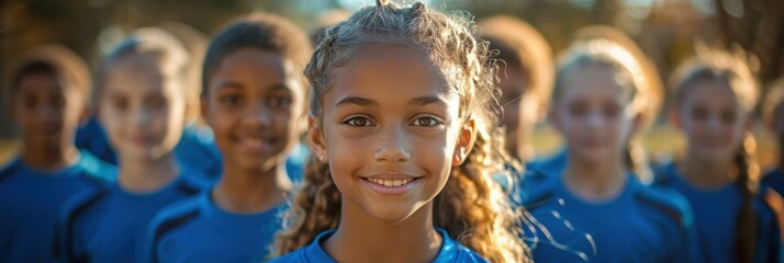 Canvas Print - A young girl smiles while standing in a group of her teammates. AI.