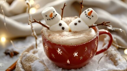 Poster - Two marshmallow snowmen are taking a dip in a cup of hot chocolate. AI.