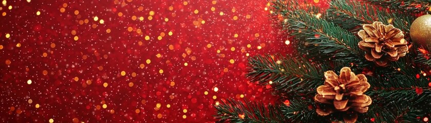 Wall Mural - Elegant Christmas scene with xmas tree, shimmering bokeh lights on red canvas, winter holiday cheer, Merry Christmas card with space for text