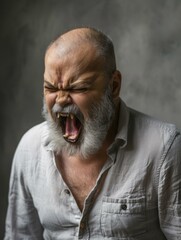 Wall Mural - A man with a beard shouts with his mouth open. AI.