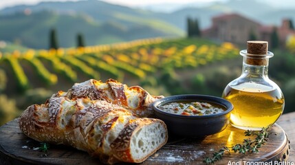 Close-up photo of freshly baked bread, sliced into large pieces, a healthy food, with a beautiful backdrop of fresh nature in the evening.