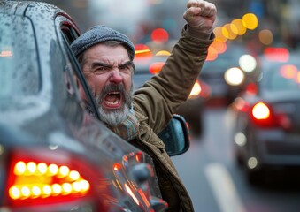 Wall Mural - A man in a car yells and gestures angrily. AI.