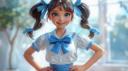 Cute style girl, 3D cartoon, wearing a school uniform, white shirt, blue skirt, tied a bow on the mat, two hair tied with bows, smiling face, on a clean background.