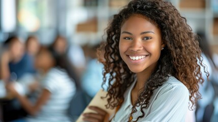 Poster - A young woman smiles brightly. AI.