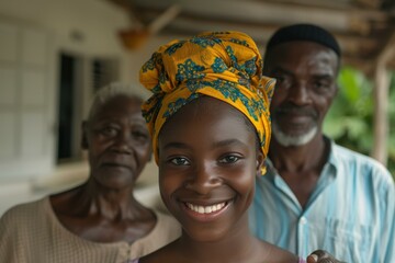 Wall Mural - A young woman smiles with her family. AI.