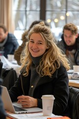 Poster - A woman smiles at the camera while working on her laptop. AI.