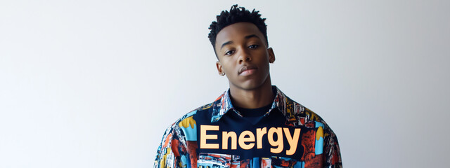 Young African American man in a colorful shirt with text 'Energy' displayed over him in a modern, minimalistic setting.