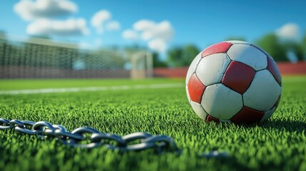 A soccer ball is seen in the foreground, with its white and red colors standing out against the green grass under a clear blue sky. The goal net appears to be visible behind it