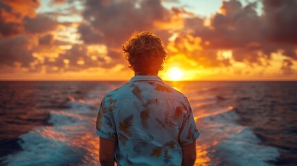 Poster - Man Watching Sunset on the Ocean