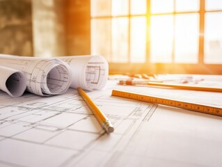 Construction plans and tools on a desk with sunlight streaming through a window, symbolizing design and architectural creativity.