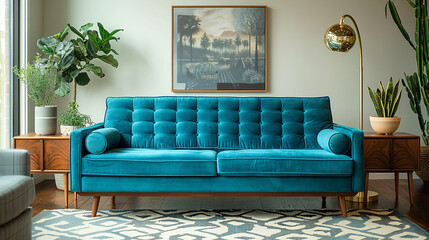 A bright mid-century modern living room featuring a teal sofa, walnut side tables, a brass chandelier, and a soft geometric patterned rug.