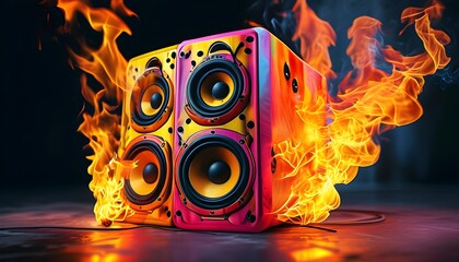 Wall Mural - Vibrant speaker encircled by flames with three distinct audio units emitting energy