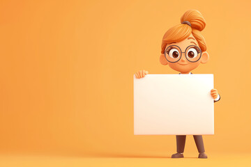 A cute cartoon girl with glasses holds a blank sign on a vibrant orange background, perfect for showcasing your message.