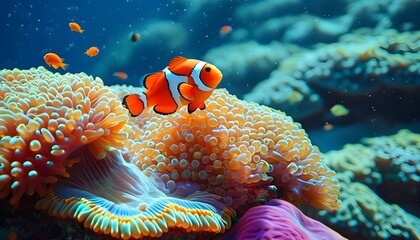 Poster - Vibrant coral reef thriving with life featuring a clownfish gracefully swimming in its vivid underwater habitat