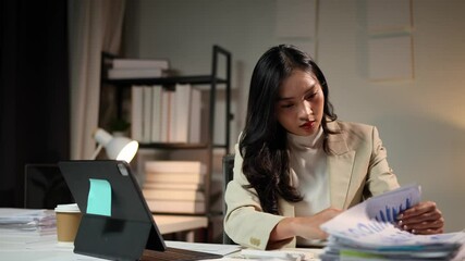 Sticker - Businesswoman feels tired and stressed while checking documents piled up on her desk in modern office Office syndrome concept.