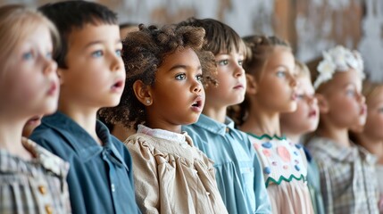 Wall Mural - A group of children are standing in a line, some wearing blue