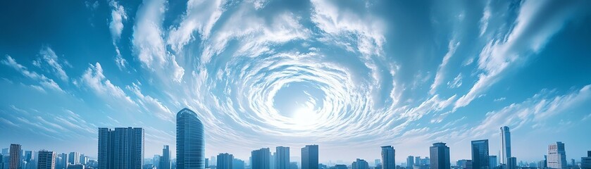 A stunning view of swirling clouds over a city skyline under a bright blue sky, capturing the beauty of nature and urban life.