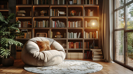 Wall Mural - A cozy reading nook featuring a plush armchair, a stylish floor lamp, and a wall of built-in bookshelves filled with books and decorative items. 