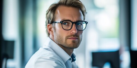 Wall Mural - A thoughtful man with glasses gazes into the distance. He sits at a modern workspace, embodying focus and determination. This image captures a professional attitude in a stylish office environment. AI