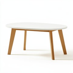 A modern, oval coffee table with a white top and wooden legs, ideal for casual living spaces.