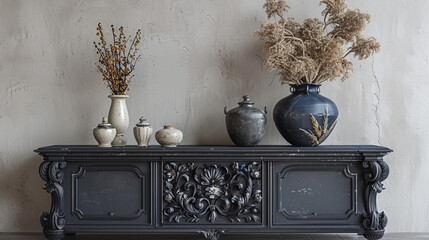 Wall Mural - A luxurious vintage dark sideboard with intricate details, paired with a decorative pottery vase and stylish ornaments. 