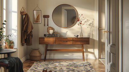 A mid-century modern entryway featuring a sleek walnut console table with brass accents,