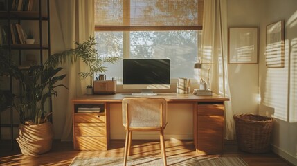 Poster - The modern minimalist interior design of the office has a comfortable computer. The warm lighting gives a relaxing feeling while working at home.