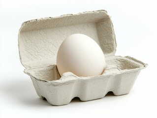 Single duck egg placed in a carton slot, isolated white background,