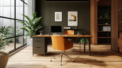 Poster - The modern minimalist interior design of the office has a comfortable computer. The warm lighting gives a relaxing feeling while working at home.