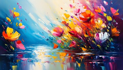 Wall Mural - Vibrant abstract floral painting in water, featuring bold brushstrokes that convey movement and energy, evoking joy and wonder in a burst of color