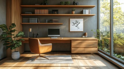 Poster - The modern minimalist interior design of the office has a comfortable computer. The warm lighting gives a relaxing feeling while working at home.