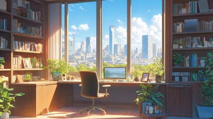 Poster - The modern minimalist interior design of the office has a comfortable computer. The warm lighting gives a relaxing feeling while working at home.