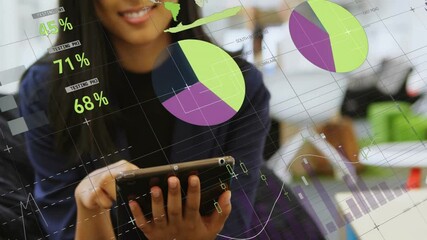 Poster - Animation of data processing and diagrams over biracial businesswoman using tablet
