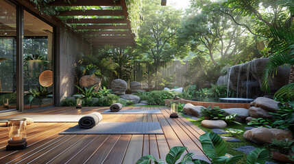 Wall Mural - A serene outdoor yoga space with a wooden deck, a few yoga mats, and surrounding planters with lush greenery. 