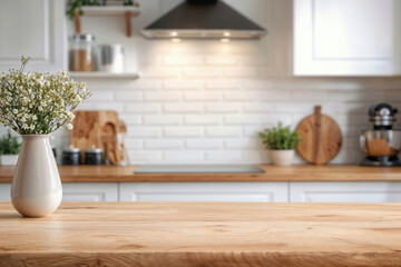 Wall Mural - Empty wooden tabletop with a white vase of flowers and blurred kitchen background. High quality photo