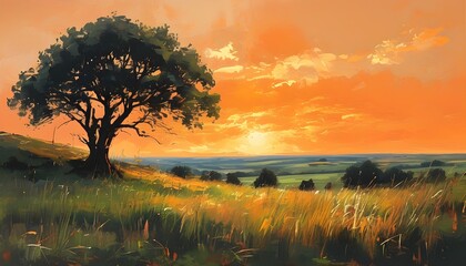 vibrant landscape painting with a silhouetted tree and tall grass under an orange sky