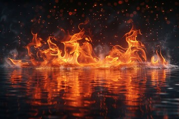 Fiery reflection of flames in water with smoke and sparks on black background.