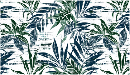 Wall Mural - Tropical palm leaves seamless pattern with abstract grunge tapa cloth background vector, wallpaper for fabric, shirt, tablecloth, or towel print, exotic foliage design, summer, spring, green leaf