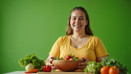 Overweight girl eating healthy vegetable salad on green background