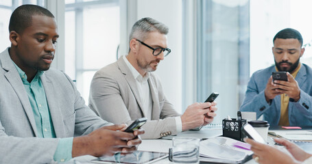 Poster - Smartphone, typing and distracted business people in office checking email, social media or online chat. Communication, connectivity and careless team in conference room with phone, addiction or risk