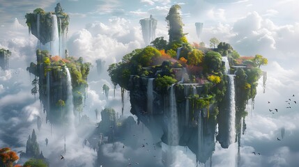 a surreal, dream-like landscape in 3D, with floating islands, waterfalls cascading into the sky, and fantastical flora and fauna