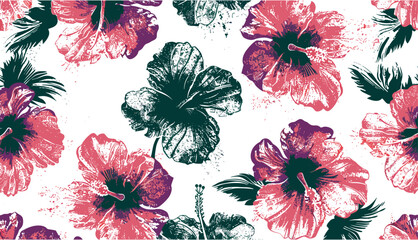 Grunge effect Hawaiian style hibiscus flowers, tropical leaves, and tribal elements background patchwork, vintage vector seamless pattern, tropical floral pattern, tribal floral background