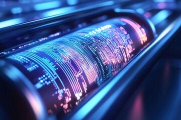 Poster - A futuristic abstract close-up of a glowing tube showcasing vibrant digital patterns and neon colors.