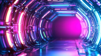 Poster - A futuristic tunnel with vibrant neon lights creating a captivating, sci-fi atmosphere, perfect for digital backgrounds and design.