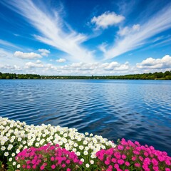 Beautiful Summer Landscape with White and Pink Flowers Blooming by a Blue Lake Under a Clear Sky