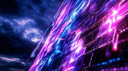 Poster - A vibrant, futuristic digital background showcasing glowing lines and patterns in purple and blue hues, perfect for technology themes.