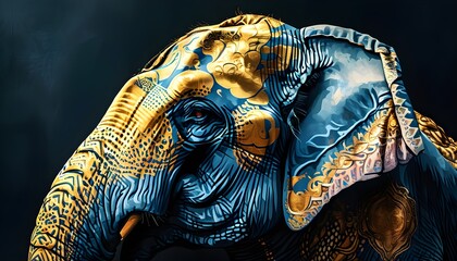 Majestic elephant adorned with intricate gold and blue designs against a striking dark backdrop